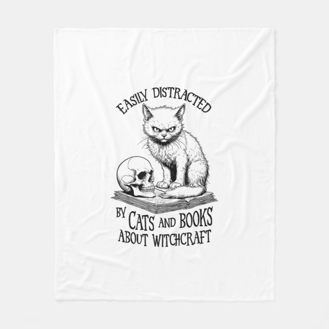 Cat Skull Halloween Easily Distracted Funny Book L Fleece Blanket (Front)