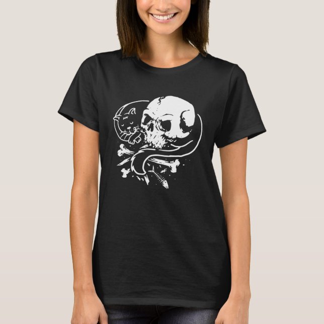 Cat Skull Kitty  Skeleton Halloween Themed Costume T-Shirt (Front)