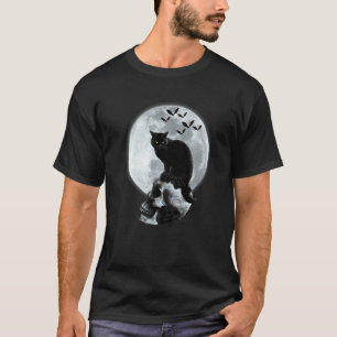 Cat & Skull Moon Gothic Graphic Scary Halloween Co T-Shirt