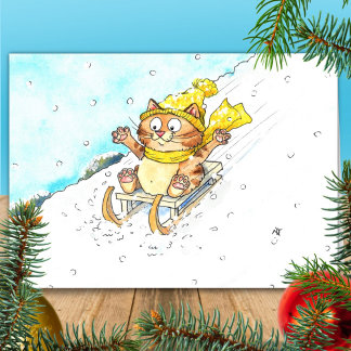 Cat Sledging Greeting  Card