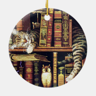 Cat sleeping in librarian ceramic tree decoration