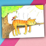 Cat Sleeping in the Sun  Postcard<br><div class="desc">A cute orange tabby cat sleeps on a tree branch in the summer heat. A bird is sitting on its back and observing it.</div>