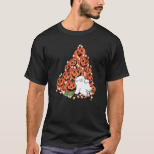 Cat Sleeping Next To Scary Pumpkin Candy Halloween T-Shirt