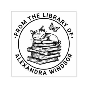 Cat Sleeping on Books, Butterfly Library Book Name Self-inking Stamp