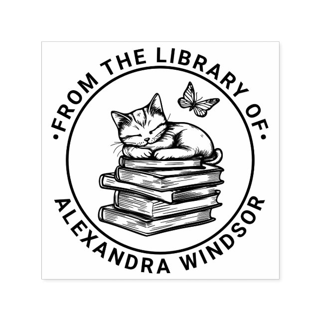 Cat Sleeping on Books, Butterfly Library Book Name Self-inking Stamp (Design)