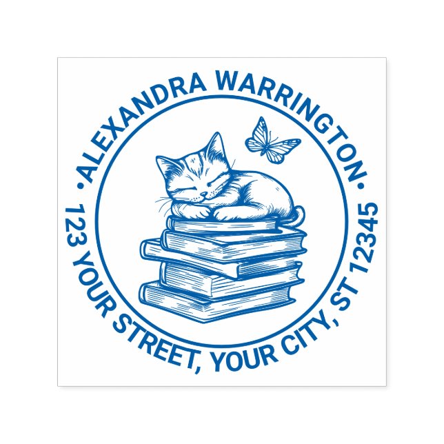 Cat Sleeping on Books, Butterfly Name Address Self-inking Stamp (Design)