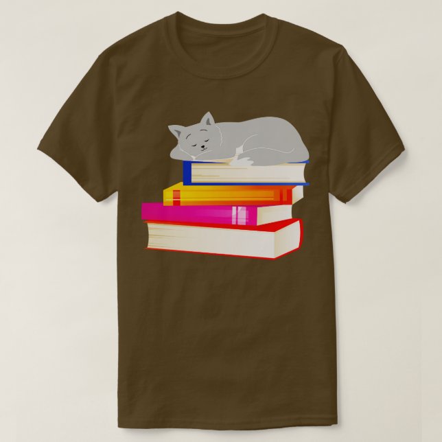 Cat sleeping on Books Reading Cat Lover T-Shirt (Design Front)