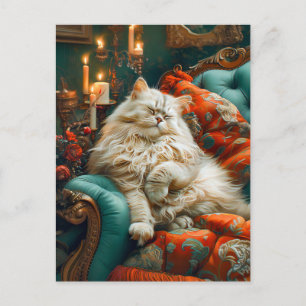 Cat Sleeping on Cozy Chair by Candlelight Postcard