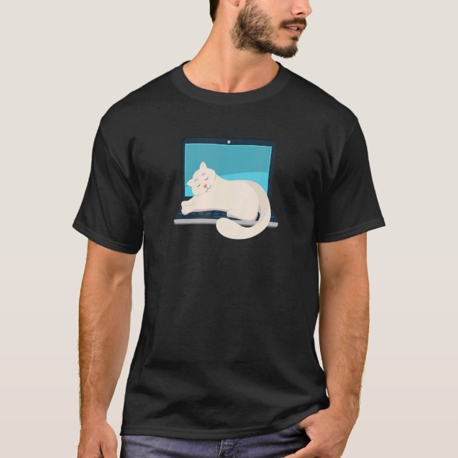Cat Sleeping on Laptop Computer T-Shirt (Front)