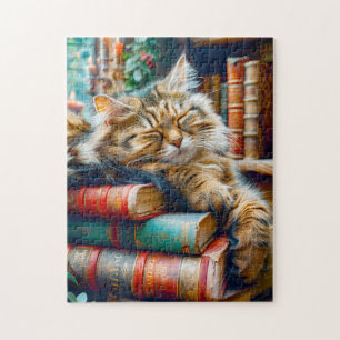 Cat Sleeping on Pile of Books Jigsaw Puzzle