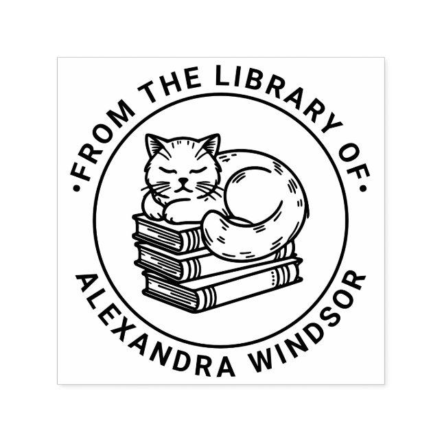 Cat Sleeping on Pile of Books - Library Book Name Self-inking Stamp (Design)