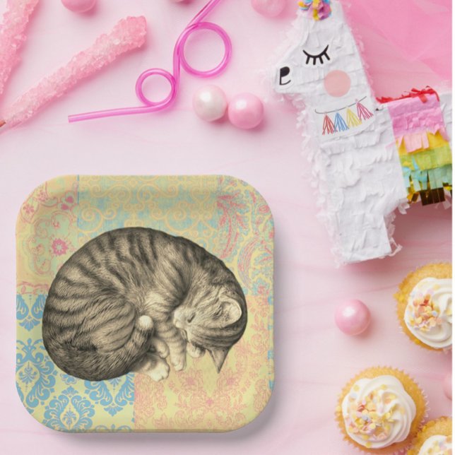 Cat sleeping on quilt cute paper plate (Creator Uploaded)
