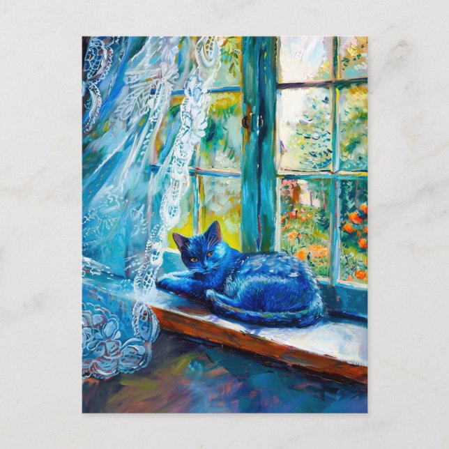 Cat Sleeping on Window Ledge Postcard (Front)