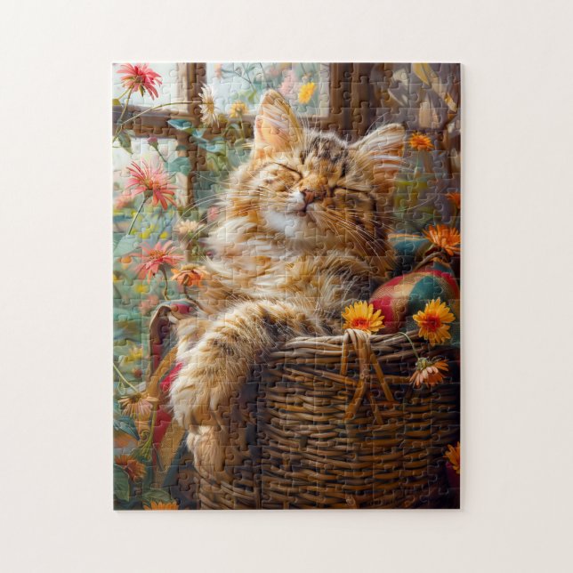 Cat Sleeping on Window Sill Among Flower Jigsaw Puzzle (Vertical)