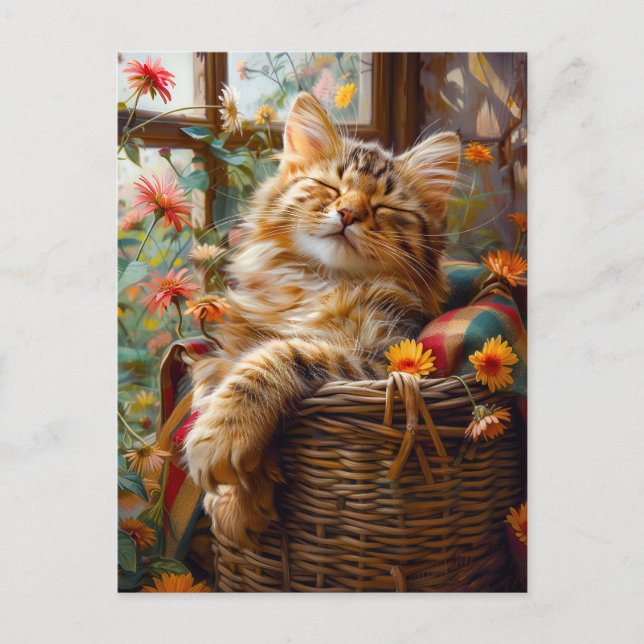 Cat Sleeping on Window Sill Among Flower Postcard (Front)