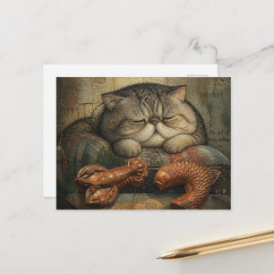 Cat Sleeping With Lobster and Fish Postcard
