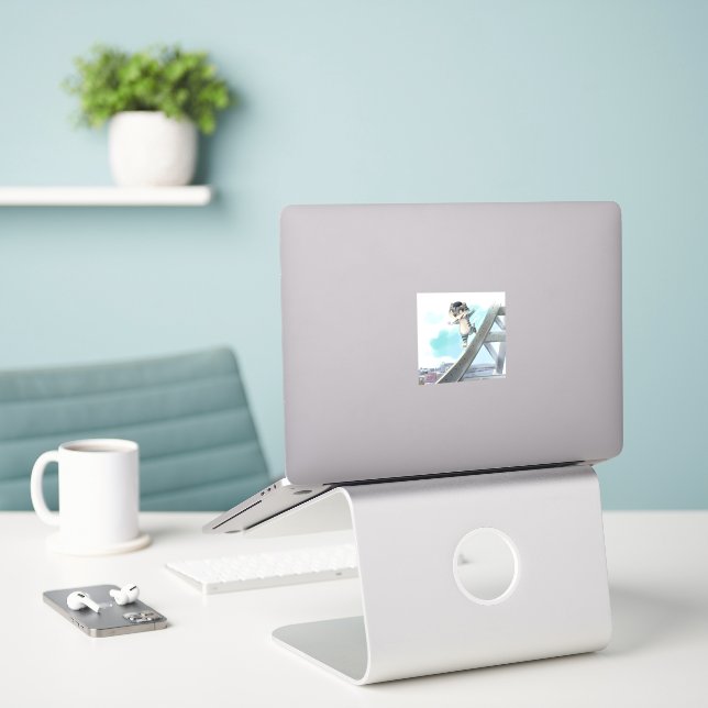 Cat Slides Eiffel Tower – Paris Vinyl Sticker (Laptop On Desk)
