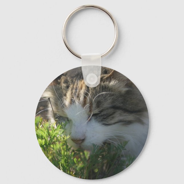Cat Smelling a Plant Key Ring (Front)