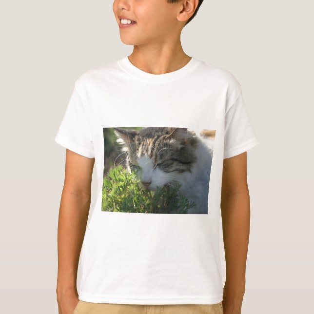 Cat Smelling a Plant T-Shirt (Front)