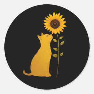 Cat Smelling Sunflower Minimalist Art Classic Round Sticker