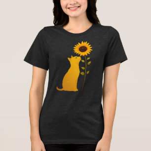Cat Smelling Sunflower Minimalist Art Tri-Blend Shirt