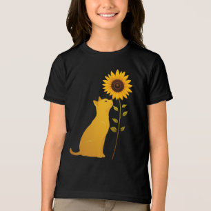 Cat Smelling Sunflower Minimalist Art Tri-Blend Shirt