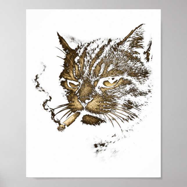 Cat Smoking Cigarette Retro Sketch Funny Meme For  Poster (Front)