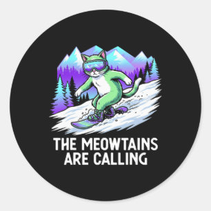 Cat Snowboard For Men Women Kids Ski Lover Mountai Classic Round Sticker