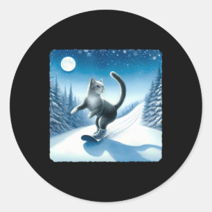 Cat Snowboarding Gracefully Under Starry Winter Sk Classic Round Sticker