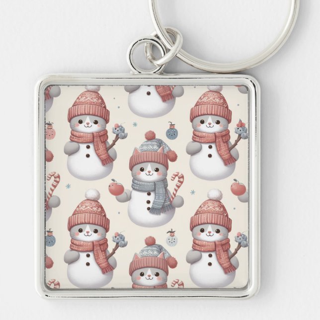Cat Snowman Keychains(Square) Key Ring (Front)