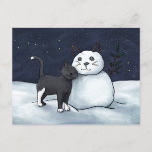 Cat Snowman Postcard - Winter Starry Sky