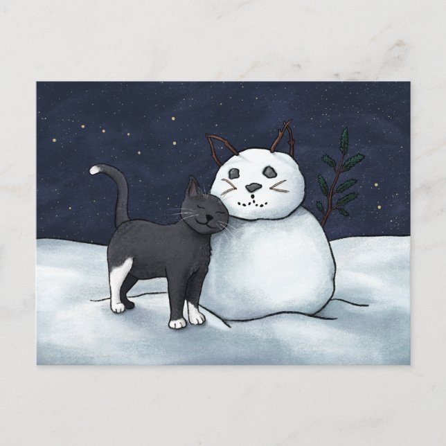 Cat Snowman Postcard - Winter Starry Sky (Front)