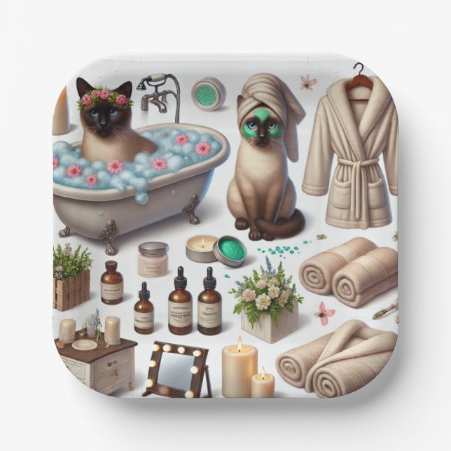 Cat Spa themed for Siamese Cat Lovers Paper Plate (Front)