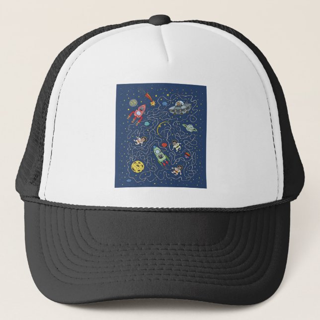 Cat Space Astronaut Rocket Maze Puzzle Mystery Trucker Hat (Front)
