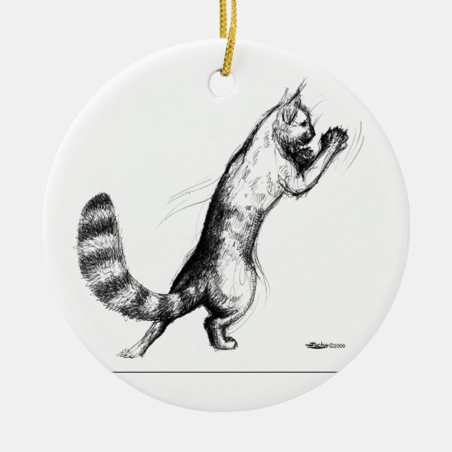 Cat Springing2 Ceramic Tree Decoration (Front)