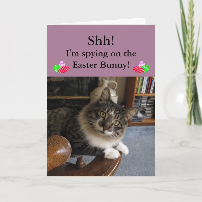 Cat Spying on Easter Bunny Easter Card (Front)