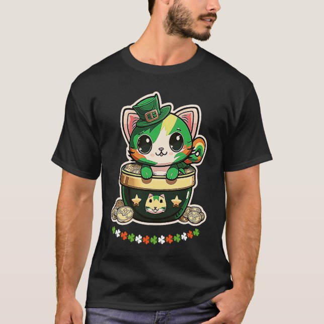 Cat St Patricks Day Leprechaun Hat Pot of Gold Sha T-Shirt (Front)