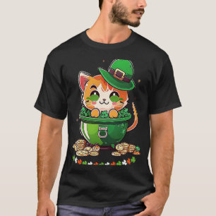 Cat St Patricks Day Leprechaun Hat Pot of Gold Sha T-Shirt
