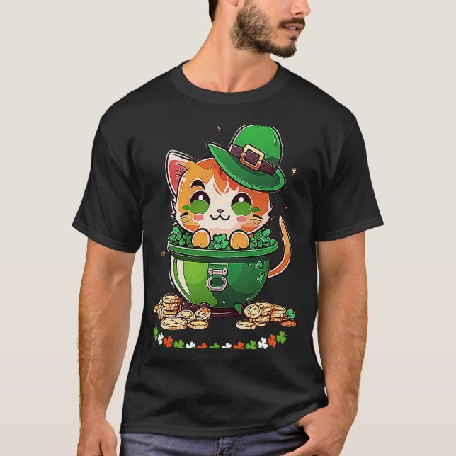 Cat St Patricks Day Leprechaun Hat Pot of Gold Sha T-Shirt (Front)