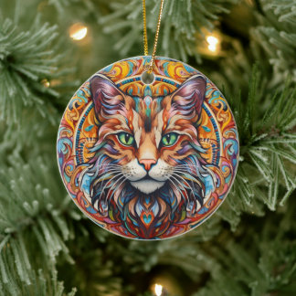 Cat Stained Glass Ceramic Tree Decoration