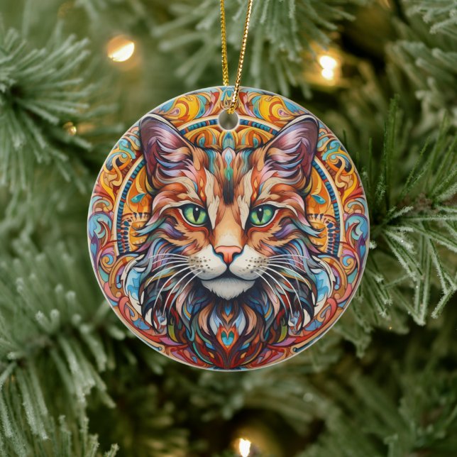 Cat Stained Glass Ceramic Tree Decoration (Tree)