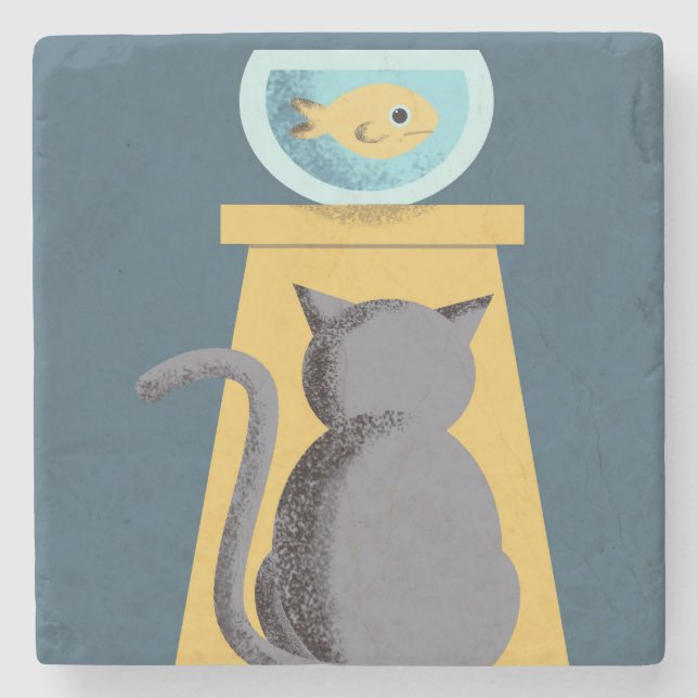 Cat staring down goldfish cute house stone coaster (Front)