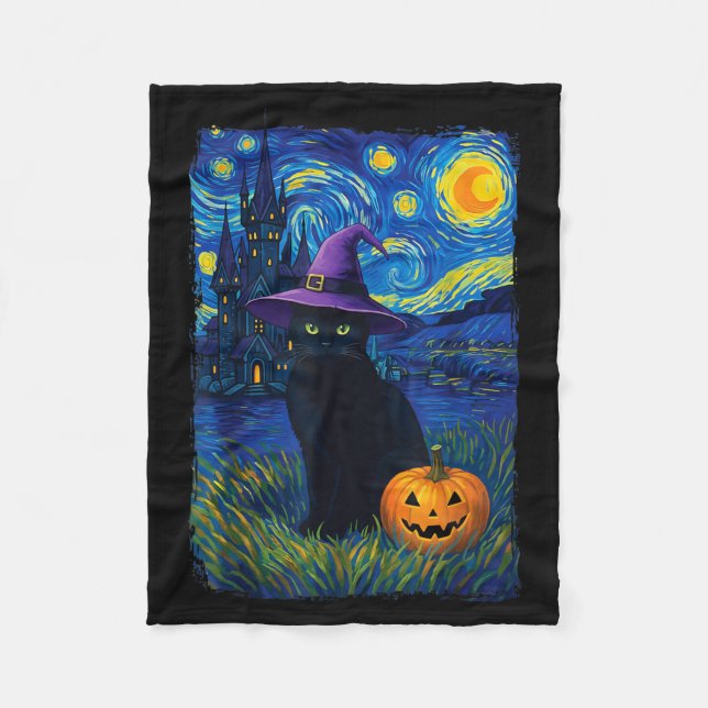 Cat Starry Night Halloween Fleece Blanket (Front)
