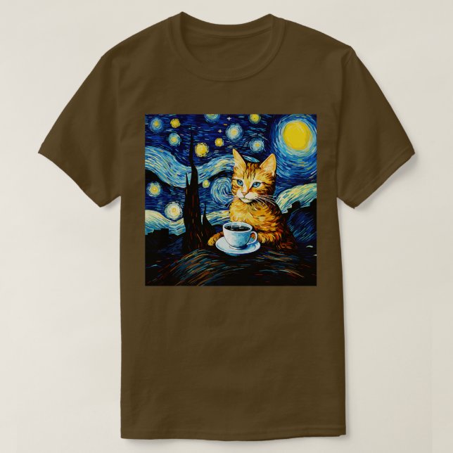 Cat Starry Night Van Gogh  Cat Coffee Cat Lover Ar T-Shirt (Design Front)