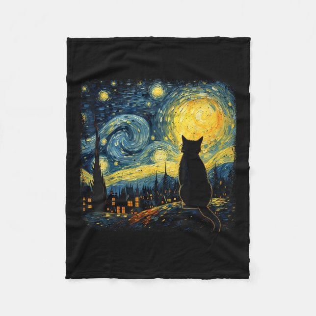 Cat Starry Night Van Gogh Cat For Cat Lover Cat Mo Fleece Blanket (Front)