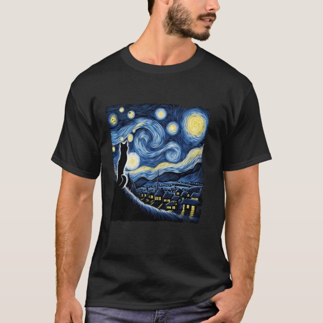Cat Starry Night Van Gogh Cat For Cat Lover Cat Mo T-Shirt (Front)