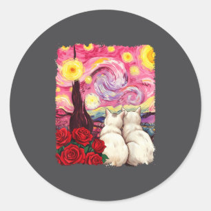 Cat Starry Night Van Gogh Red Rose Valentines Cat Classic Round Sticker