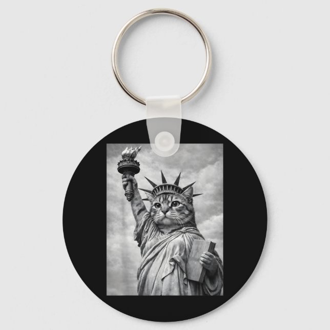 Cat Statue Liberty Funny Freedom Cat White Black Key Ring (Front)