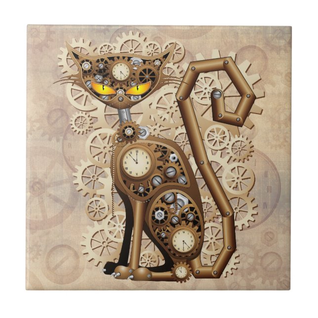 Cat Steampunk Vintage Retro Style Machine  Tile (Front)