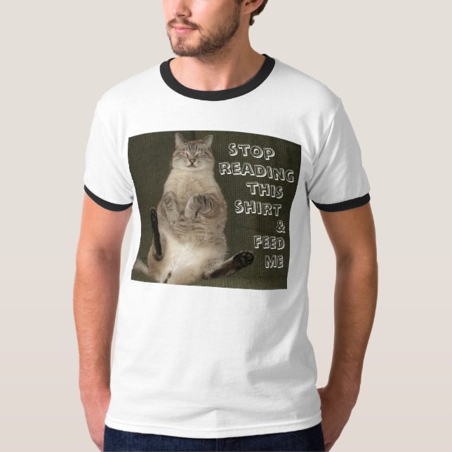 Cat "STOP READING SHIRT & FEED ME" Mens Ringer Tee (Front)